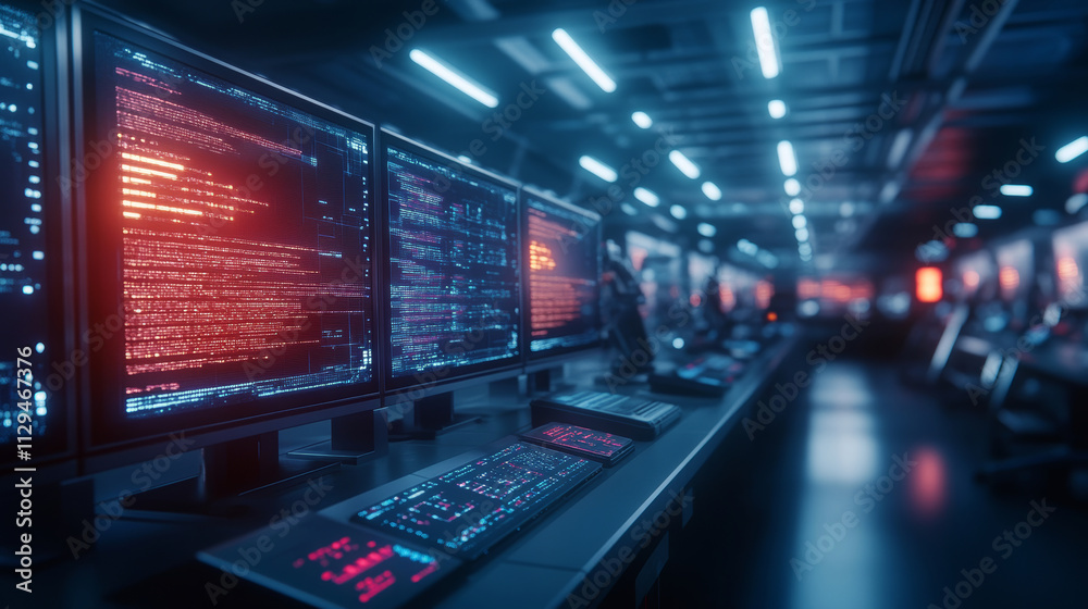 Futuristic lab with robotic arms assembling microchips, glowing monitors displaying code in a wide-angle minimalist photo Futuristic lab with robotic arms assembling microchips, glowing monitors displaying code in a wide-angle minimalist photo