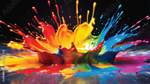 Multicolor paint splash on black background. Explosion of colored paint on black background. Paint splash art.