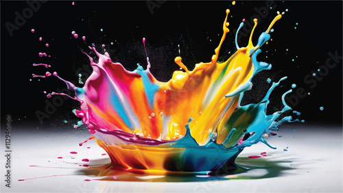 Multicolor paint splash on black background. Explosion of colored paint on black background. Paint splash art.
