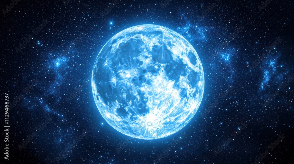A glowing blue moon shines brightly in a starry night sky, creating a mesmerizing cosmic scene filled with ethereal beauty.