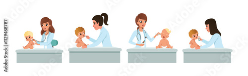 Woman Pediatrician with Little Kids on Medical Examination Vector Set