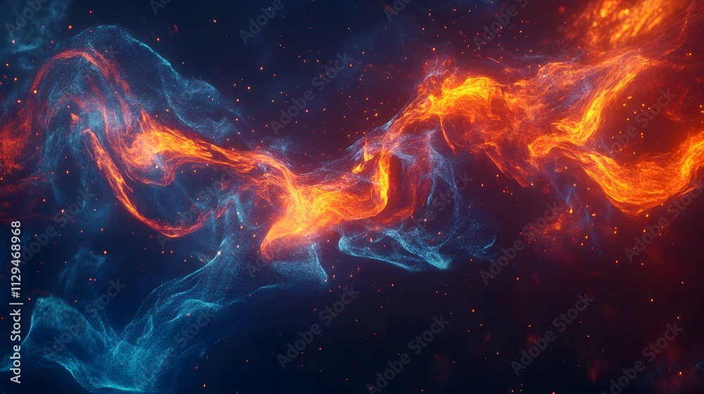 A background with orange and blue flames, with energy waves flowing from left to right, creating an abstract composition A background with orange and blue flames, with energy waves flowing from left to right, creating an abstract composition