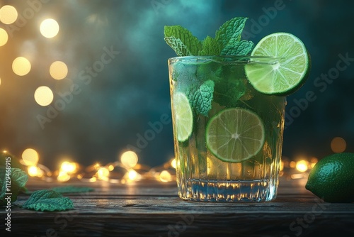 A vibrant mojito glass with fresh mint and lime slices, placed on a wooden table under golden fairy lights in a celebratory setting photo