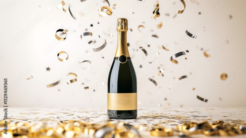 Fototapeta premium Festive Celebration Scene with Gold Champagne Bottle and Confetti.