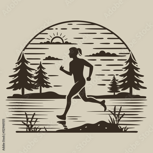 Silhouette of a Runner in a Scenic Nature Setting with Sunrise