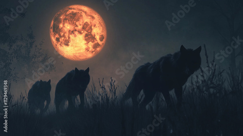 Wolves stalk their prey in silhouette backlit by a red full moon. For werewolf fan fiction or romance novel.