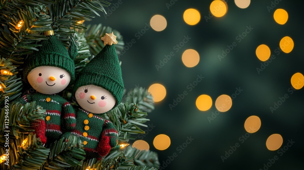 Fototapeta premium Festive Snowman Couple on Christmas Tree - Adorable snowmen, winter holiday, Christmas spirit, festive decorations, cozy scene.