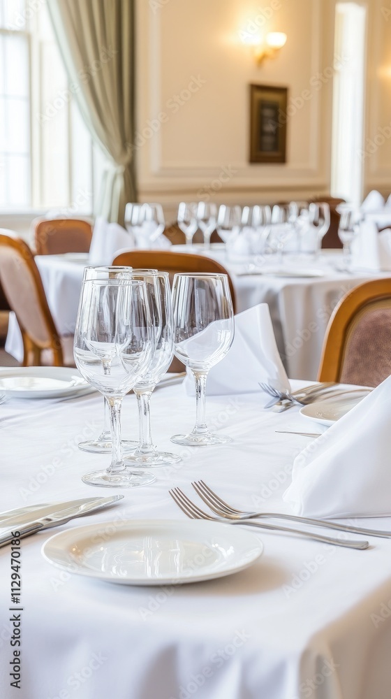 Beautifully arranged table featuring white plates, wine glasses, and cutlery in a luxurious restaurant setting. The minimalist design enhances the elegance of the dining experience Beautifully arranged table featuring white plates, wine glasses, and cutlery in a luxurious restaurant setting. The minimalist design enhances the elegance of the dining experience