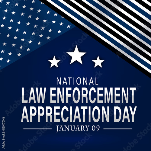 A bold and patriotic graphic honoring national law enforcement appreciation day with stars, stripes, and text to recognize the service of law enforcers. photo