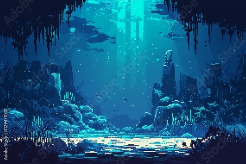 An underwater image on an 8bit pixel art background with a gradient blue and white color scheme photo