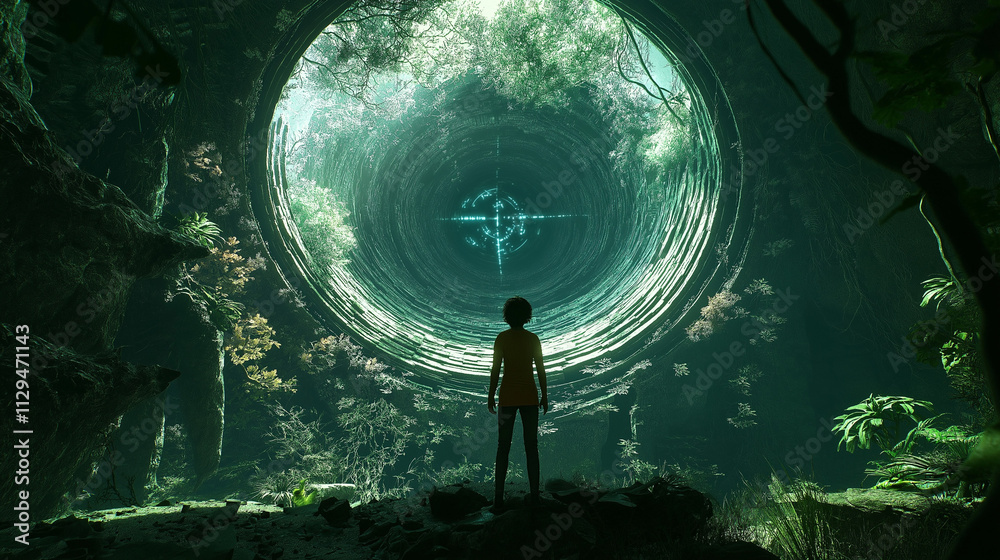Lone figure facing a glowing green portal in a mystical forest Lone figure facing a glowing green portal in a mystical forest