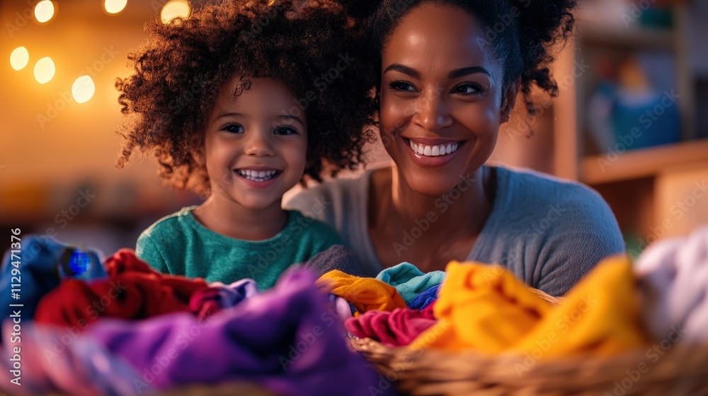 A loving mother shares a joyful moment with her playful child amidst piles of colorful clothes, symbolizing connection, warmth, and the joys of family life. A loving mother shares a joyful moment with her playful child amidst piles of colorful clothes, symbolizing connection, warmth, and the joys of family life.
