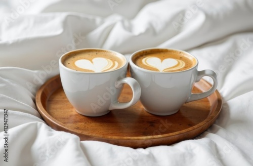 This romantic image captures two cups of coffee with latte art hearts, set on a wooden tray amidst soft white bedding