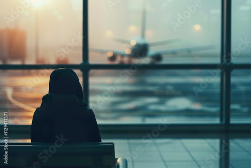 Person waiting at airport terminal with airplane in background