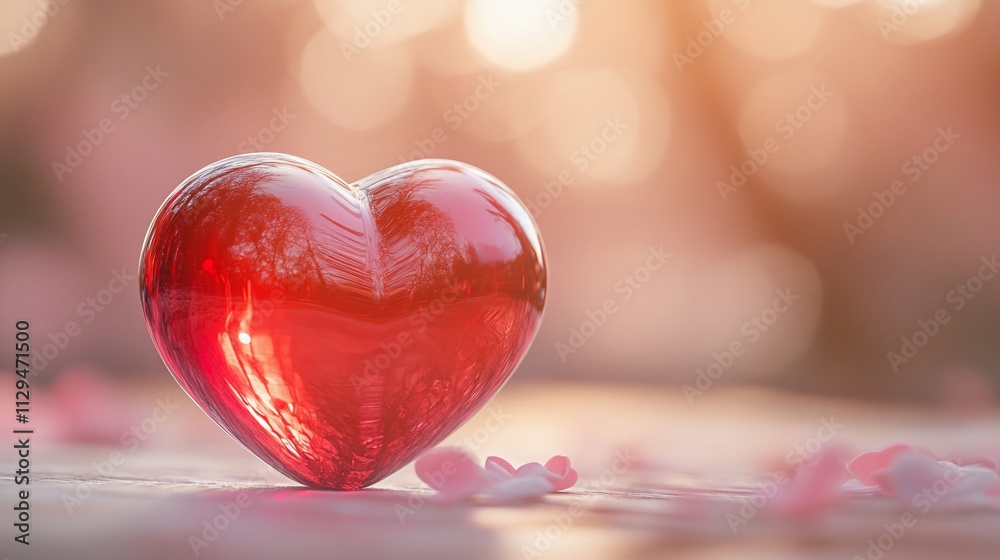 Red glass heart on wooden surface with pink petals, sunlit background. Red glass heart on wooden surface with pink petals, sunlit background.