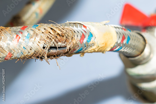 water hose to the mixer with a cracked and rusty braid. replacement is necessary. close-up