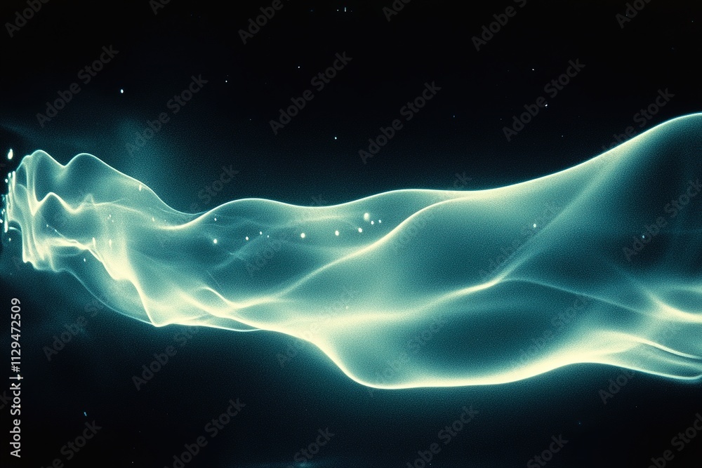 abstract holographic wave suspended in dark space glowing with hues of blue and green