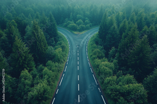 The intersection in the forest shows two roads converging at different angles.