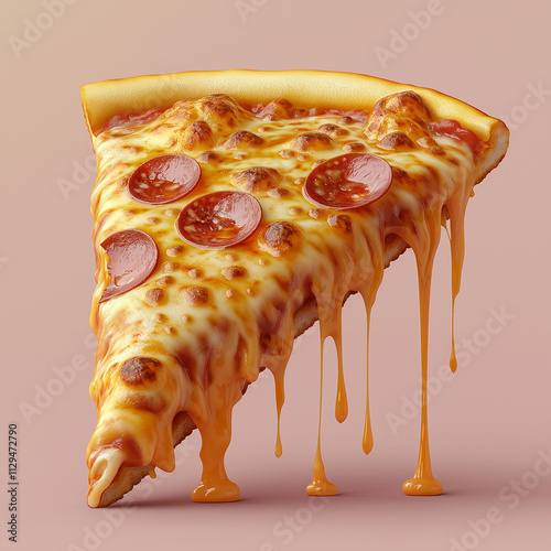 Colorful dripping cheese on a pizza slice with pepperoni vector illustration