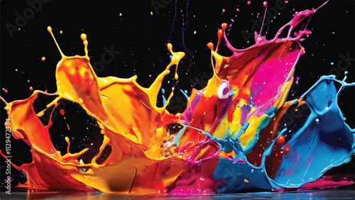 Multicolor paint splash on black background. Explosion of colored paint on black background. Paint splash art.
