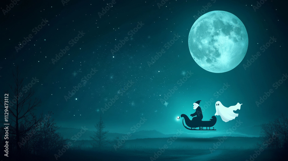 Naklejka premium Ghostly Winter Solstice Ride - A spooky sleigh ride under a full moon, symbolizing mystery, winter, the holiday season, companionship, and flight.