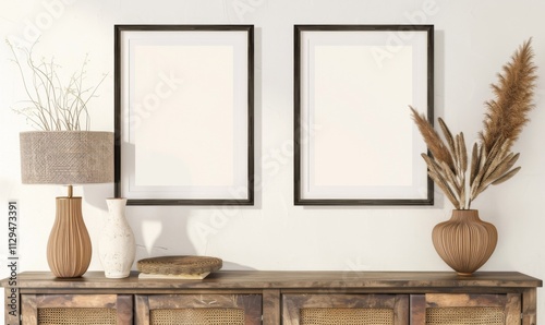 A modern living room displays a sleek console table adorned with elegant vases and a lamp, complemented by a stylish set of empty picture frames above. Soft lighting enhances the inviting atmosphere