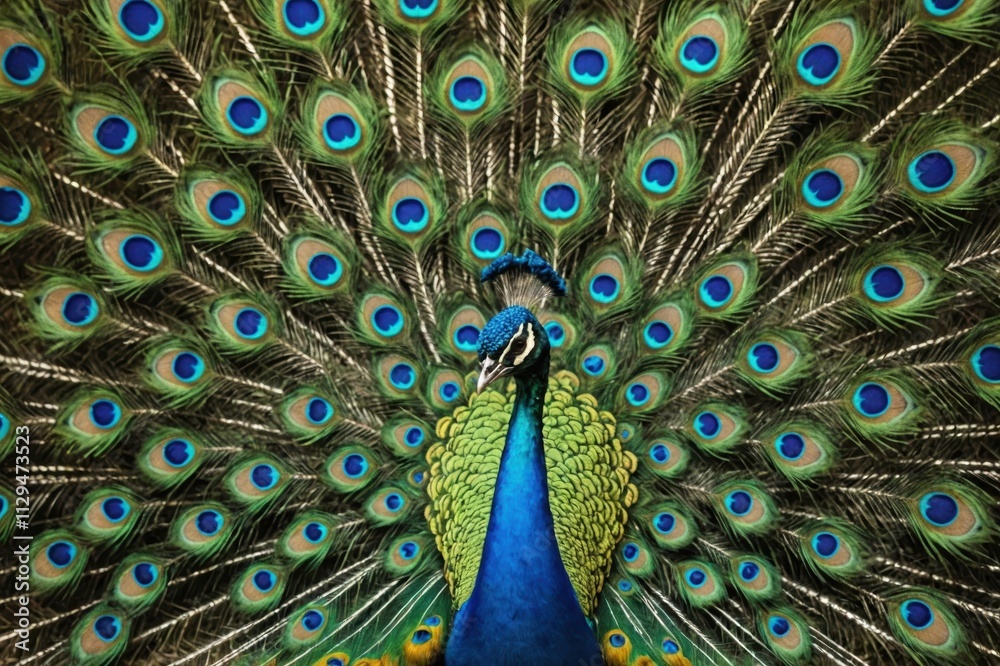 Obraz premium Beautiful feathers of male green peafowl / peacock (Pavo muticus)