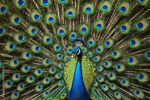 Beautiful feathers of male green peafowl / peacock (Pavo muticus)