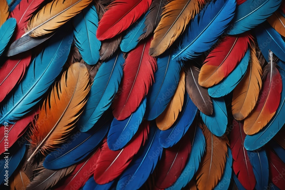 Obraz premium Exotic texture feathers background, closeup bird plumage. Red-brown and blue feathers for your natural pattern.