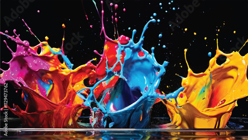 Multicolor paint splash on black background. Explosion of colored paint on black background. Paint splash art.