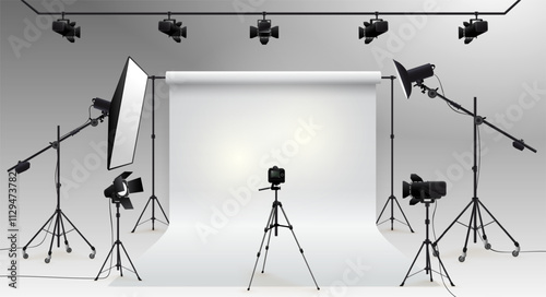 Photography studio vector. Photographic devices. Photo studio white blank background with soft box light, camera, tripod and backdrop. Vector illustration. Isolated on white background.