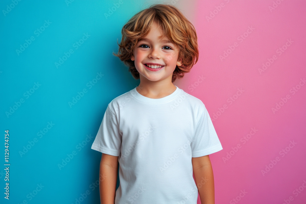 A cute smiling kid stands confidently in a white blank t-shirt and trousers against a vibrant colorful background, radiating joy and playfulness, perfect for a clothing mock-up A cute smiling kid stands confidently in a white blank t-shirt and trousers against a vibrant colorful background, radiating joy and playfulness, perfect for a clothing mock-up