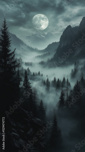 Mountain valley at night under a full moon with fog filling the valley below. Werewolf fantasy for romance novel or fan fiction in smartphone 9:16 aspect ratio. photo