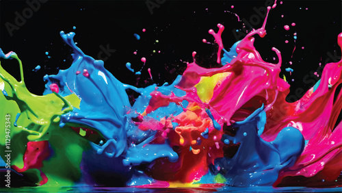 Multicolor paint splash on black background. Explosion of colored paint on black background. Paint splash art.