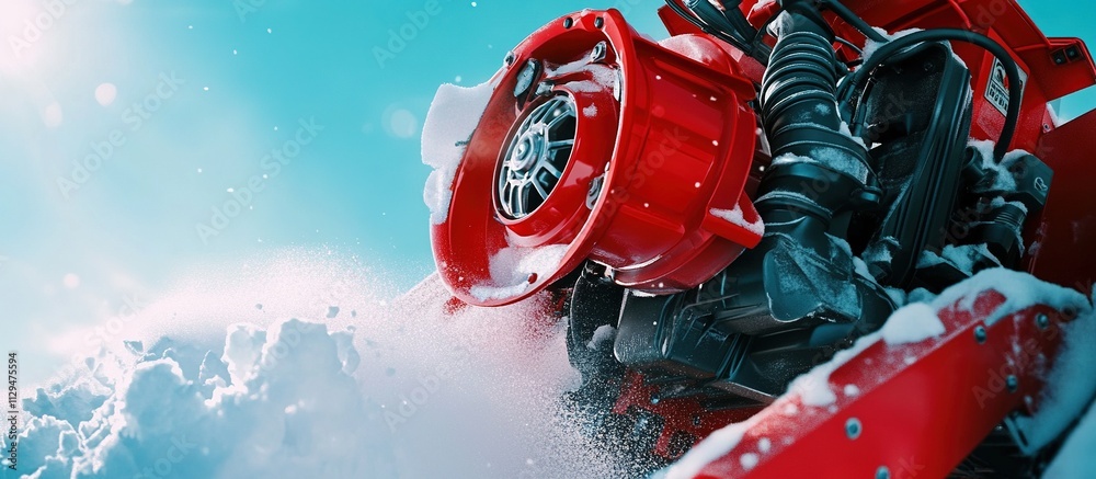 Red snow blower clearing snow in winter. Red snow blower clearing snow in winter.
