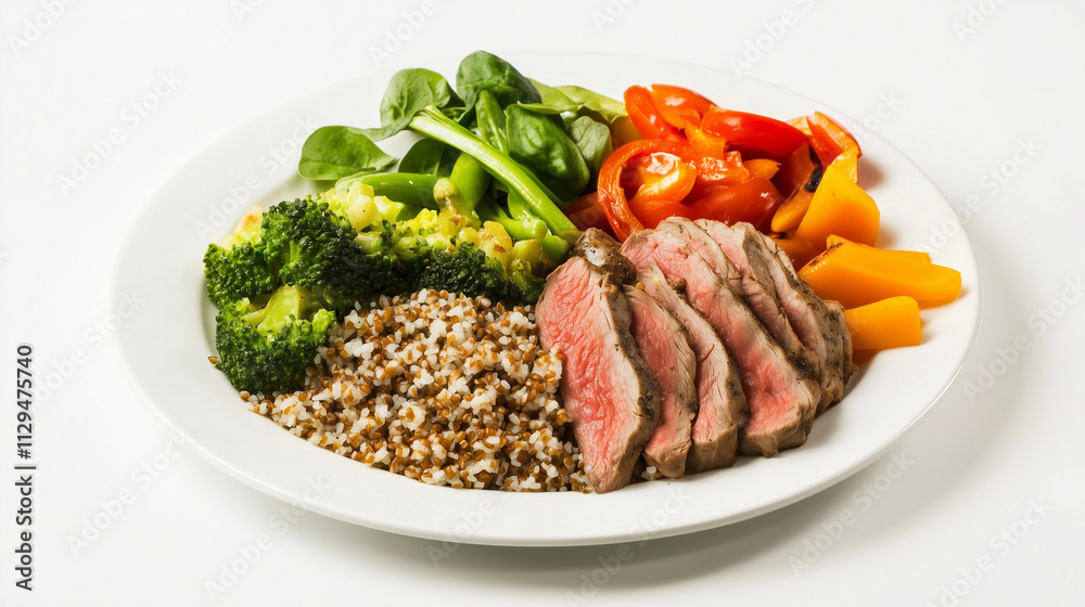 Healthy meat and vegetable dish on a white plate with colorful ingredients Healthy meat and vegetable dish on a white plate with colorful ingredients