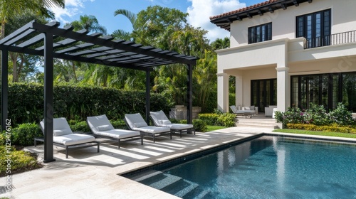 Backyard Oasis Pergola Composition, Poolside Loungers, Mediterranean Villa, Landscape Design. Pool, Pergola, Luxury photo