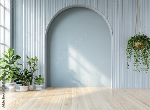 A simple and modern minimalist room featuring a large arch with a light blue wall, wooden floor, and plants, all framed by a white and gray striped color scheme photo