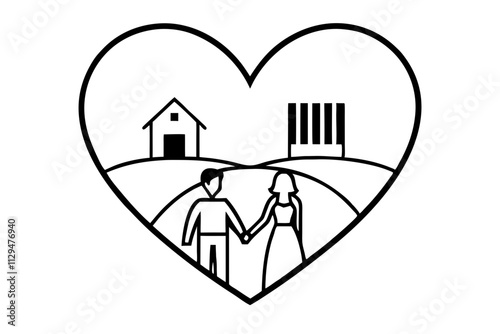 A couple holding hands in a heart-shaped frame vector silhouette on a white background