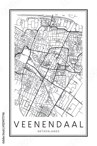 Printable downtown road map poster of the Dutch city of VEENENDAAL on solid white background with city name photo