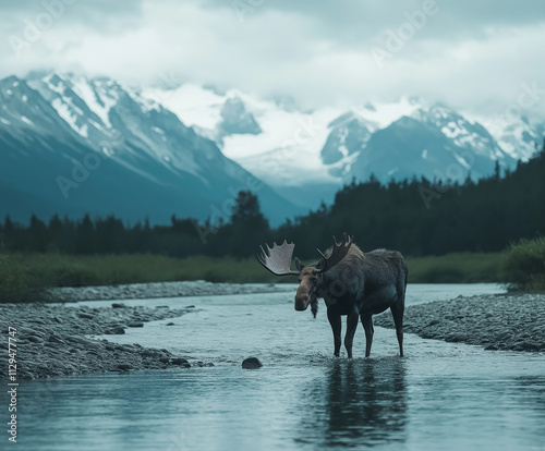 Moose standing in a shallow river with mountains in the background photo