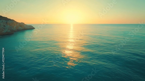 Stunning sunset over calm ocean waters, cliff edge visible.