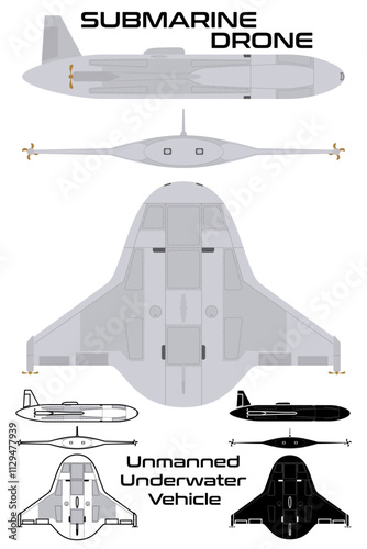 Unmanned underwater vehicle drone submarine USA vector illustration