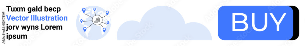 Cloud in center, network diagram with points and lines on left, large blue BUY button on right. Placeholder text included. Ideal for e-commerce, IT solutions, cloud technology, digital platforms Cloud in center, network diagram with points and lines on left, large blue BUY button on right. Placeholder text included. Ideal for e-commerce, IT solutions, cloud technology, digital platforms
