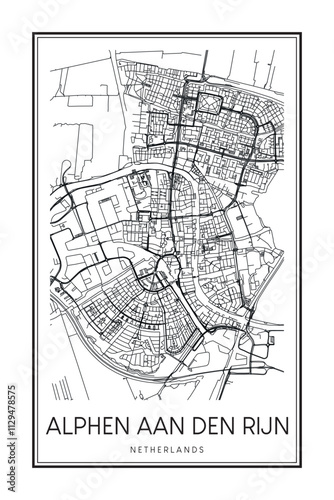 Printable downtown road map poster of the Dutch city of ALPHEN AAN DEN RIJN on solid white background with city name