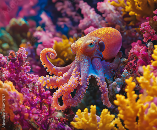 Octopus camouflaged against coral vibrant colors blending together photo