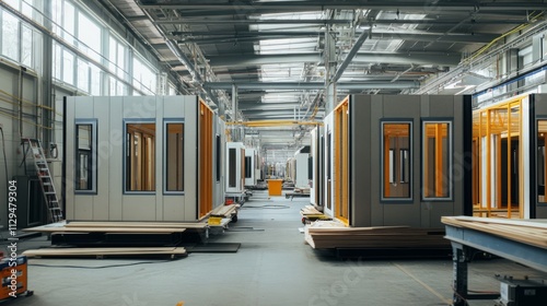 Modular home units on assembly line in factory.