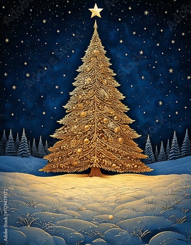 a simple, single Christmas tree in a snowy field lit up in the night