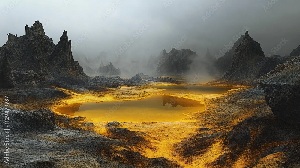 Fototapeta premium Surreal landscape with golden lake and misty mountains.
