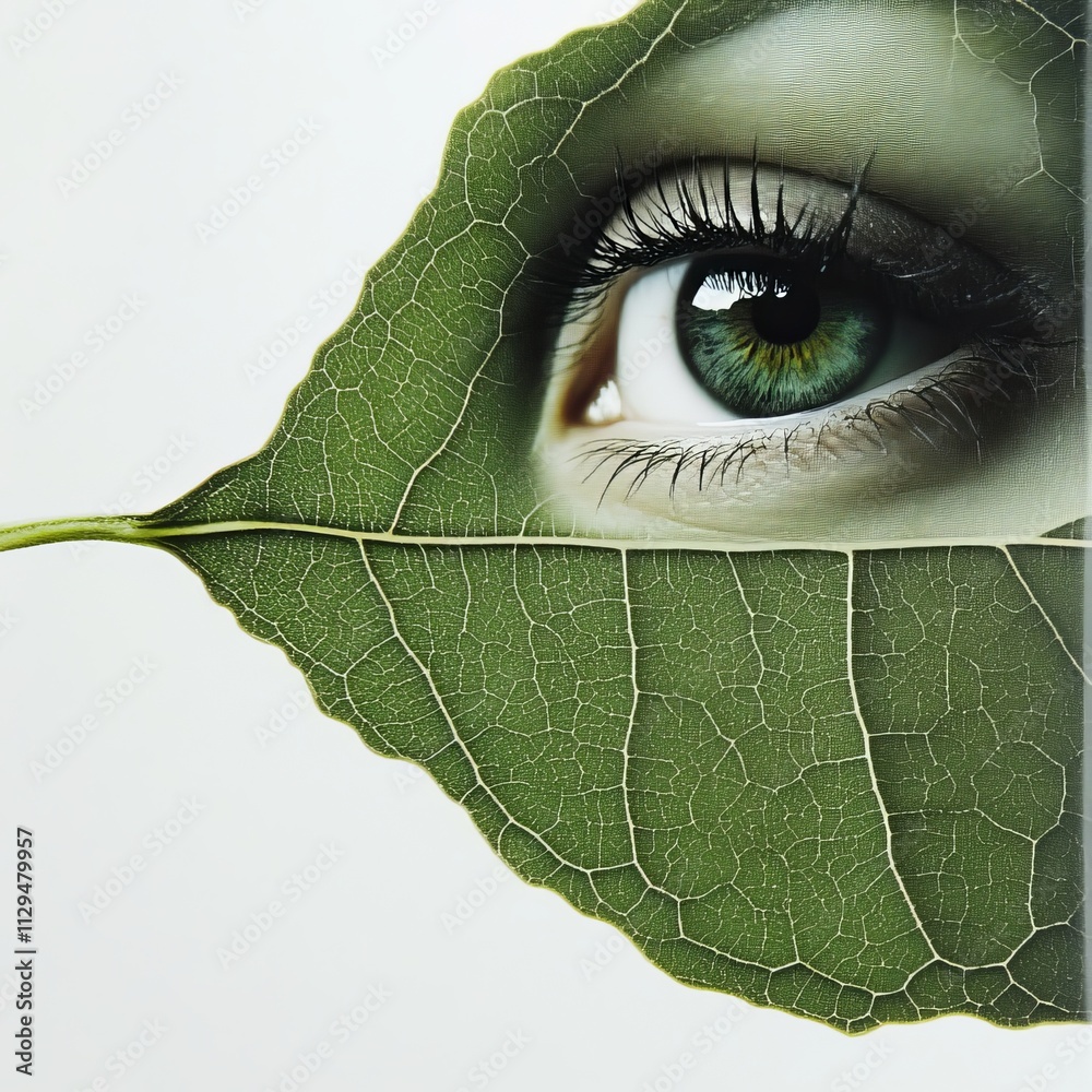 Obraz premium Woman's image with green leaf on white.